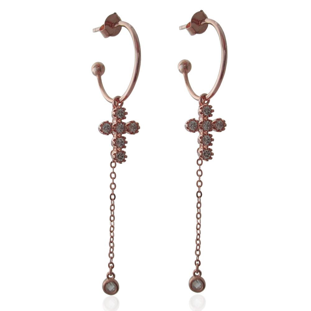 Orecchini a cerchio mm 18 con catena forzatina e croce pendente in argento 925 ramato con zirconi bianchi