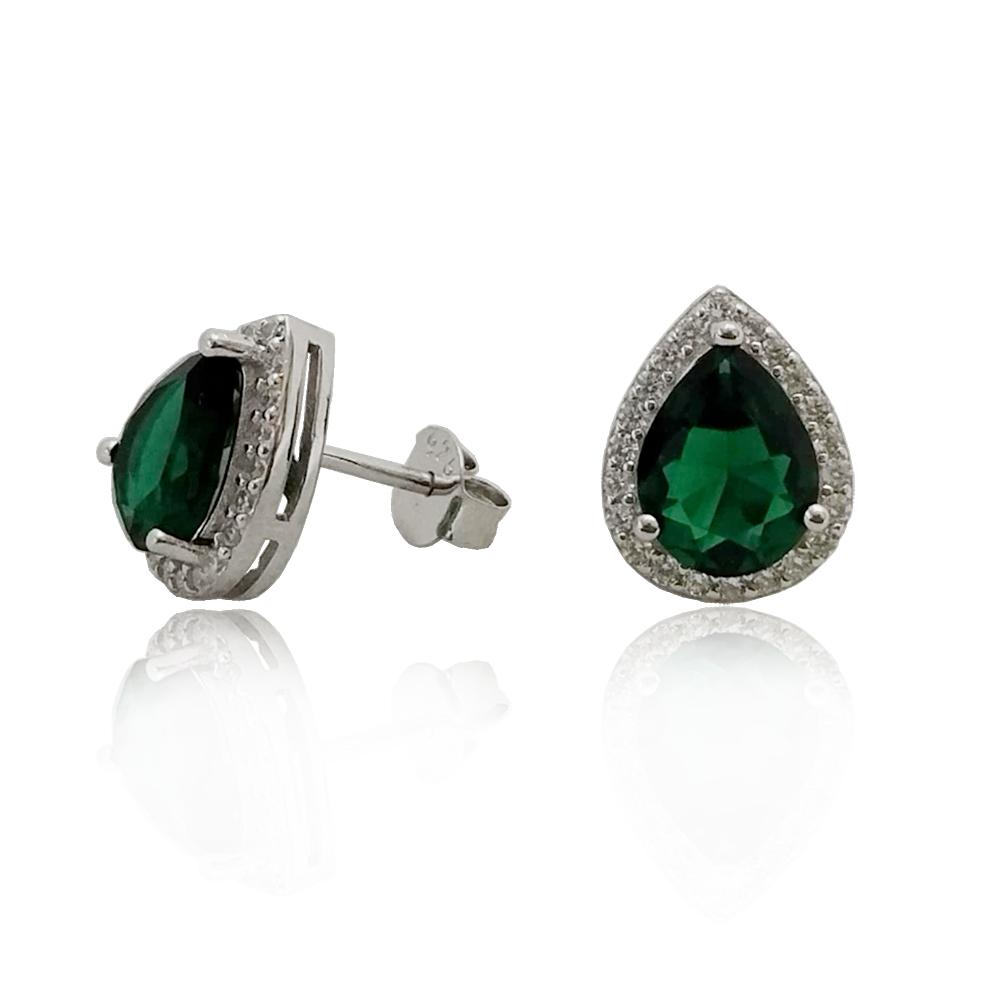 Orecchini a goccia mm 14x10 in argento 925 rodiato con zirconi bianchi e centrale verde