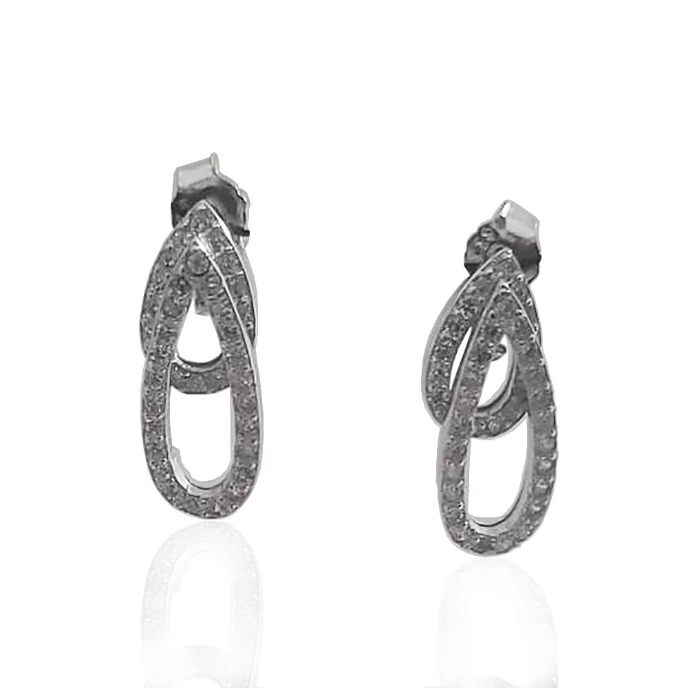 Orecchini a lobo mm 15x5 doppia goccia con pave' di zirconi in argento 925 rodiato