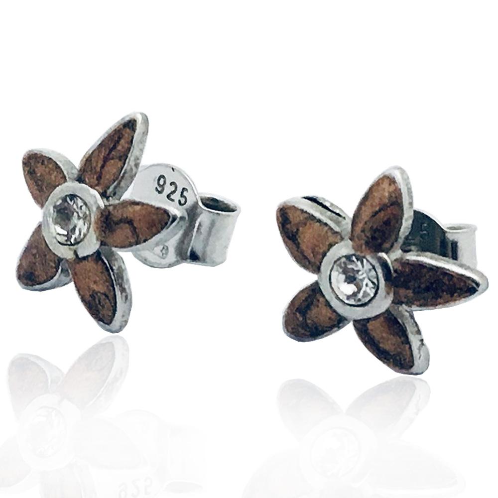 Orecchini a lobo mm 10x10 fiore a 5 petali in argento 925 rodiato con smalto marrone madreperlato e strass bianco centrale 