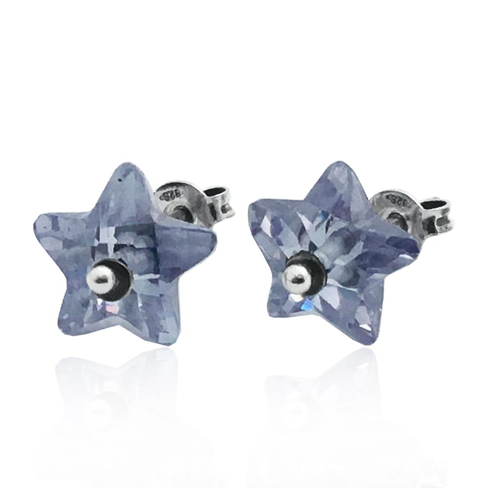Orecchini a lobo in argento 925 rodiato con stella mm 9x9 cristallo swarovski violet opal