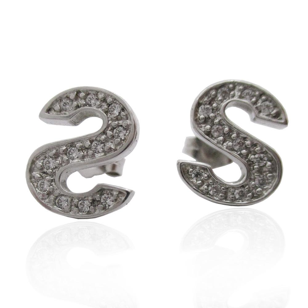 Orecchini a lobo mm 12x10 lettera s in argento 925 rodiato con zirconi bianchi