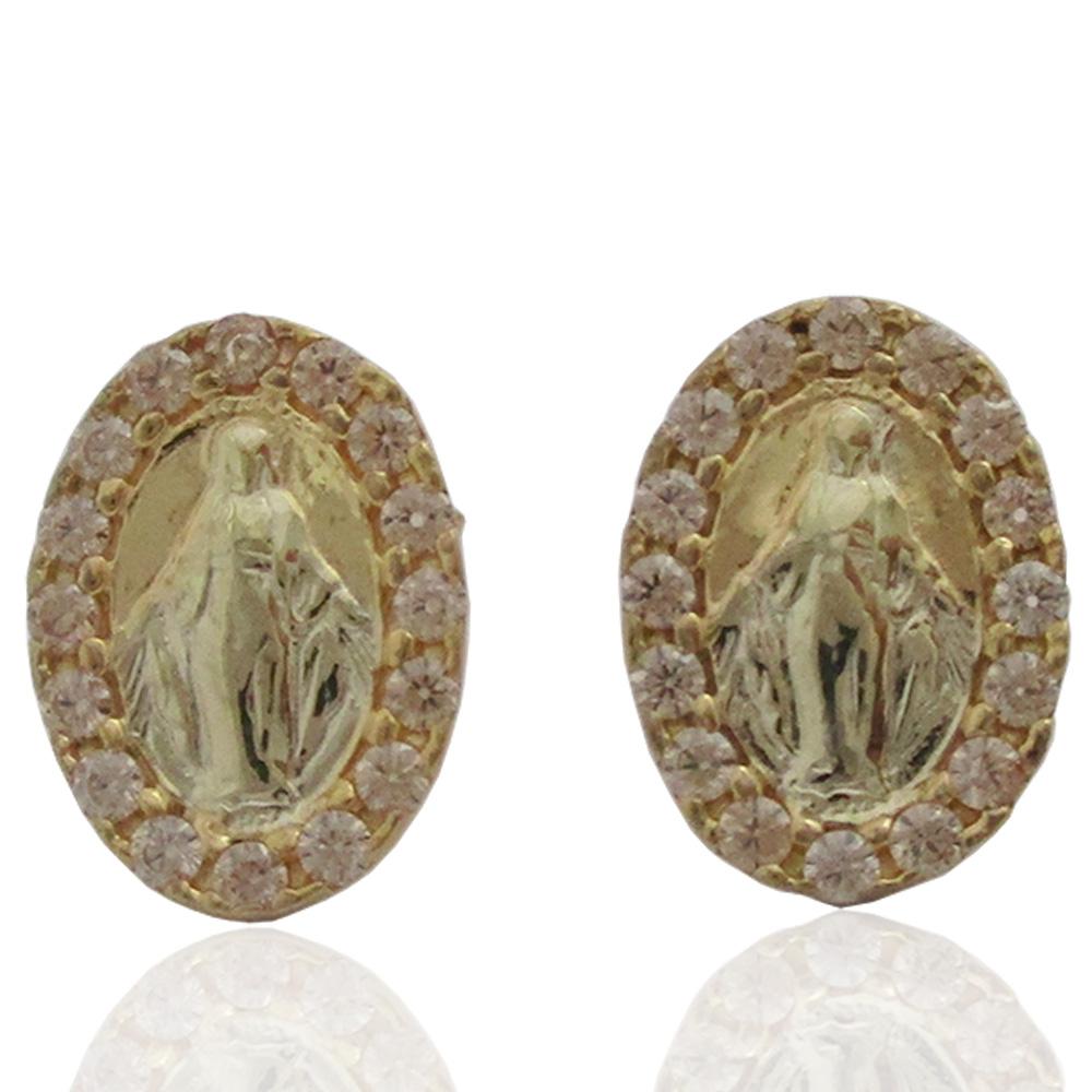 Orecchini a lobo ovali mm 12x10 madonna miracolosa in argento 925 placcato oro giallo con zirconi bianchi