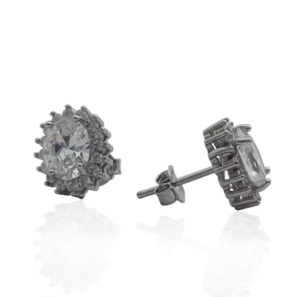 Orecchini a lobo ovali mm 12x10 modello kate in argento 925 rodiato con zirconi bianchi