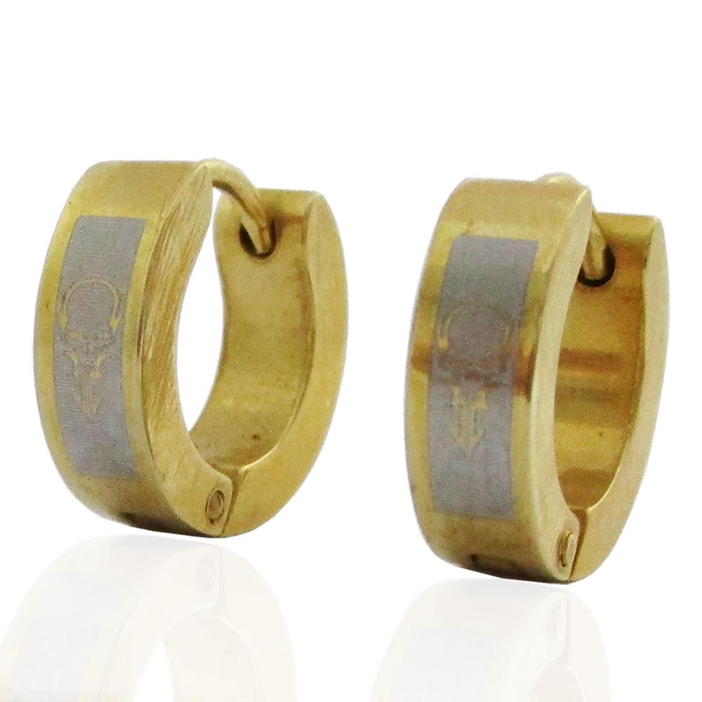Orecchini a cerchio mm 13x4 unisex in acciaio placcato oro con teschio laserato