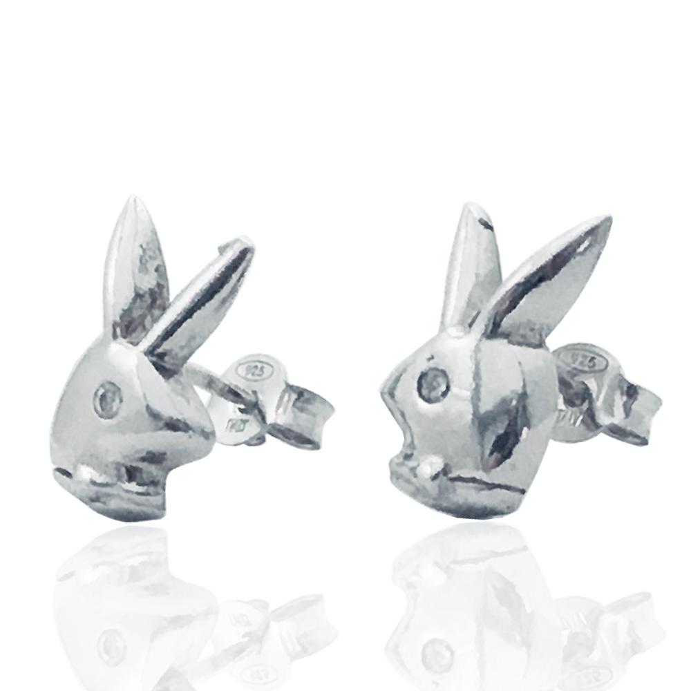 Orecchini lobo coniglietto playboy mm 13x8 in argento massiccio rodiato titolo 925 con zirconi bianchi
