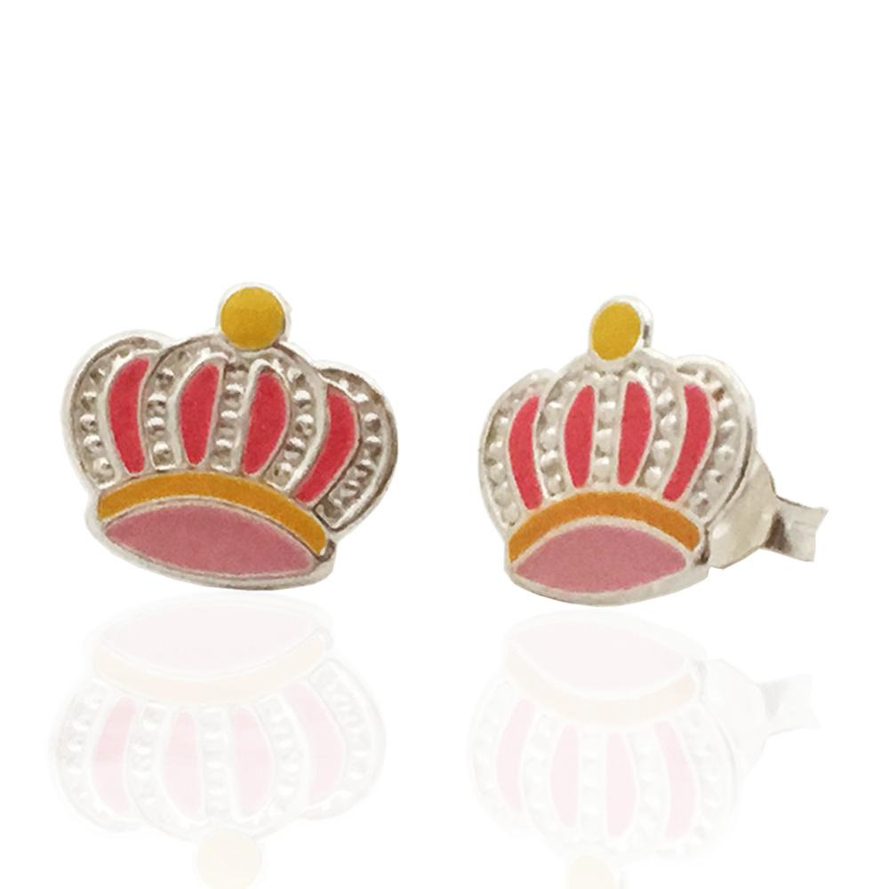 Orecchini lobo per bambina corona mm 9x10 in argento 925 e smalti