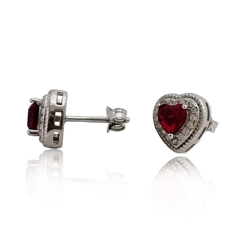 Orecchini a cuore mm 14x11 in argento 925 rodiato con zirconi bianchi e centrale rosso