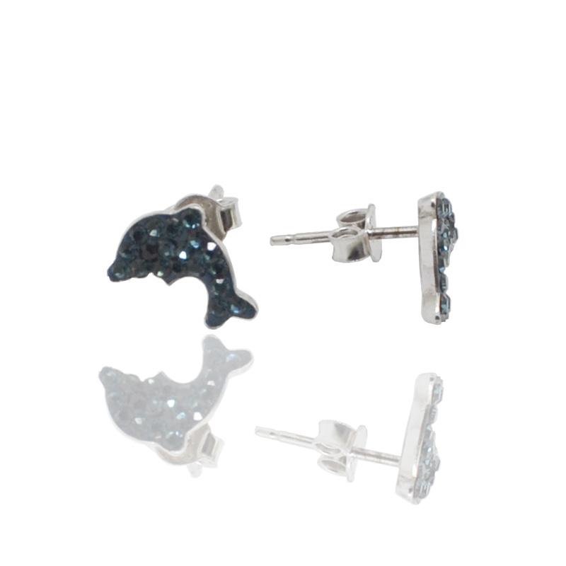 Orecchini delfino in argento 925 rodiato con strass blu notte