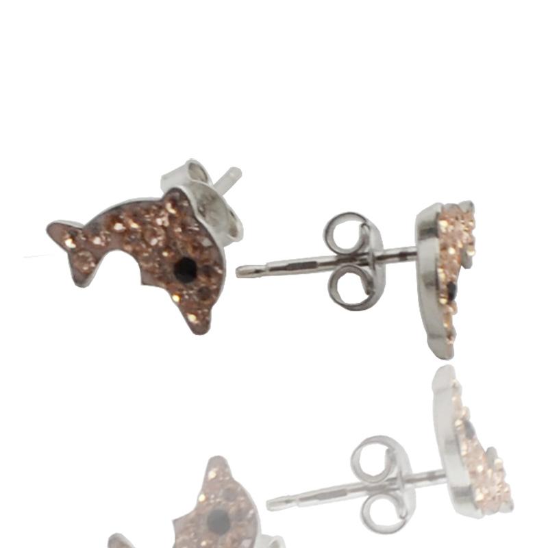 Orecchini delfino in argento 925 rodiato con strass rosa pesca
