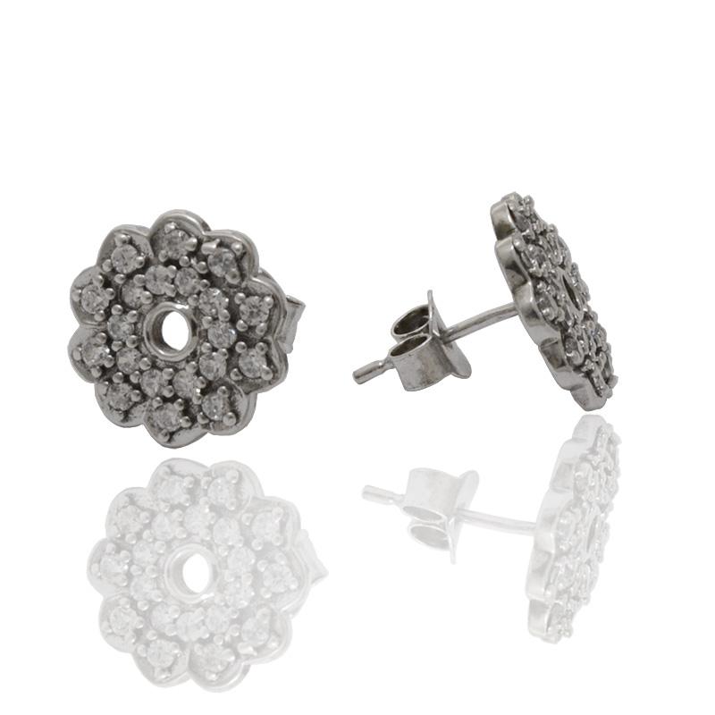 Orecchini per lobo a fiore in argento 925 rodiato con pave' di zirconi bianchi in taglio brillante