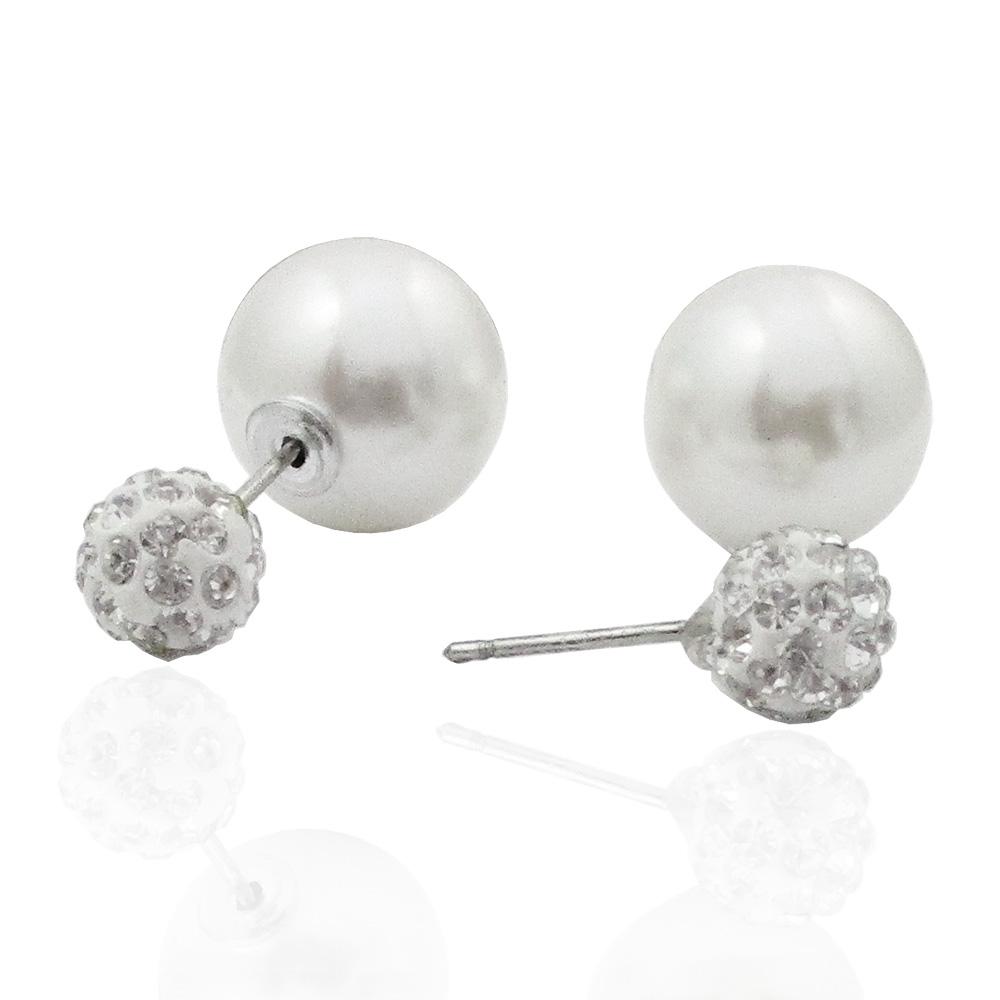 Orecchini donna per lobo in acciaio con sfera strass mm 8 e perla mm 13