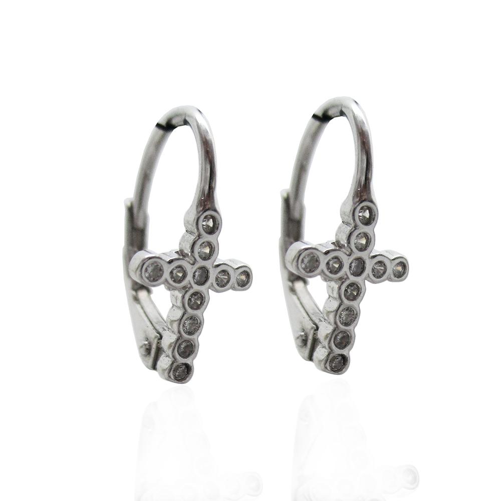 Orecchini monachella con croce mm 14 in argento 925 rodiato con zirconi bianchi
