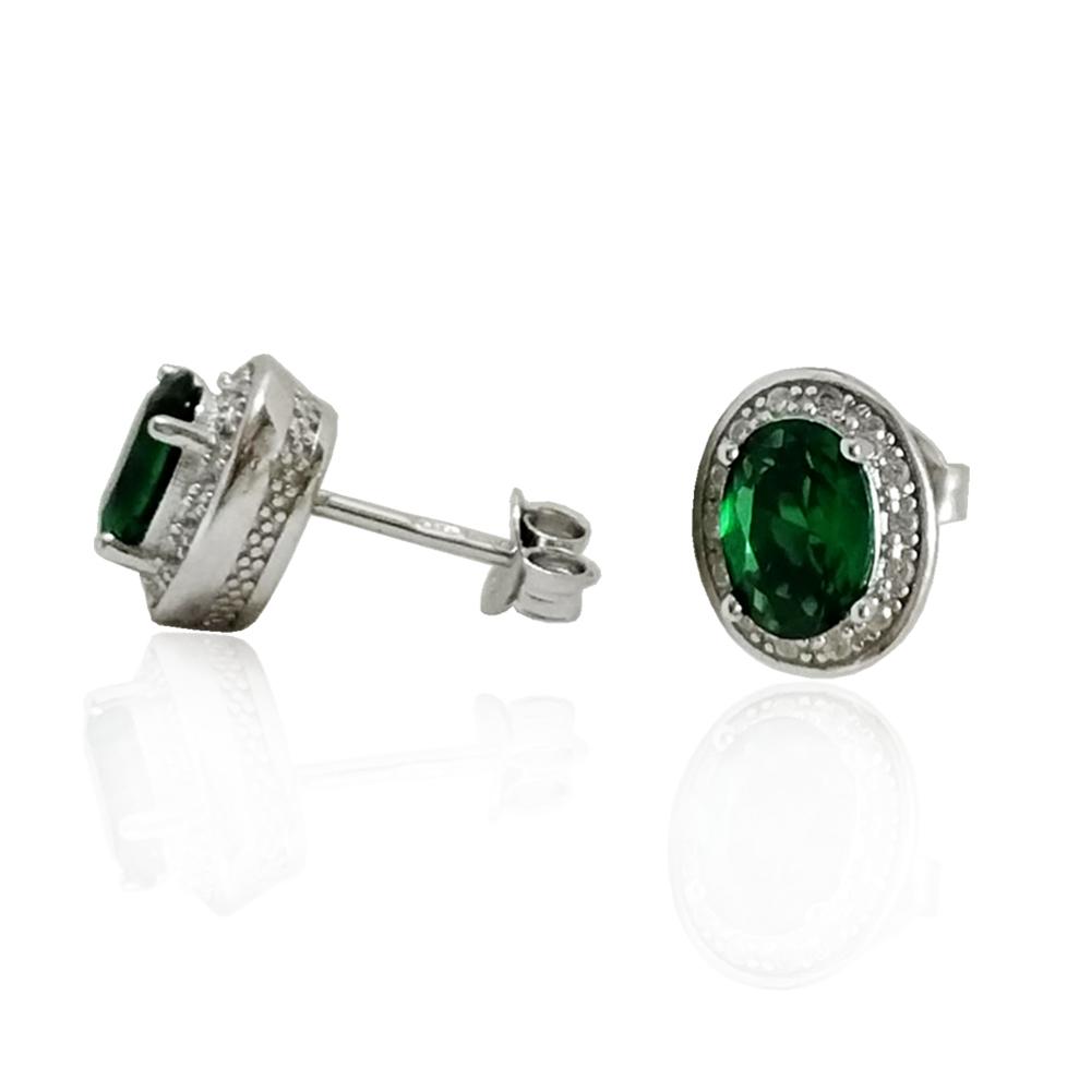 Orecchini ovali mm 10x8 in argento 925 rodiato con zirconi bianchi e centrale verde