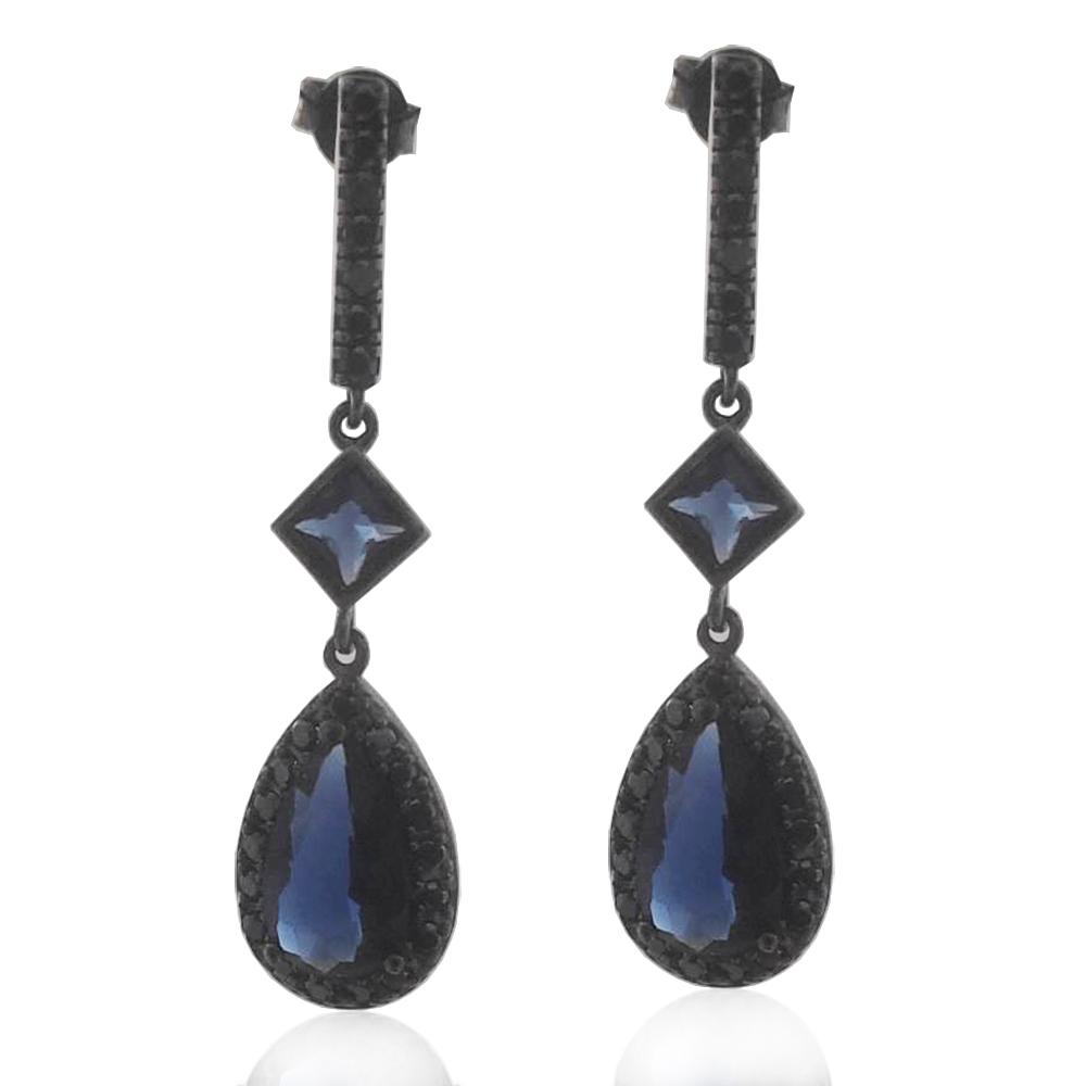 Orecchini pendenti a goccia in argento 925 placcato rutenio con zirconi blu e neri