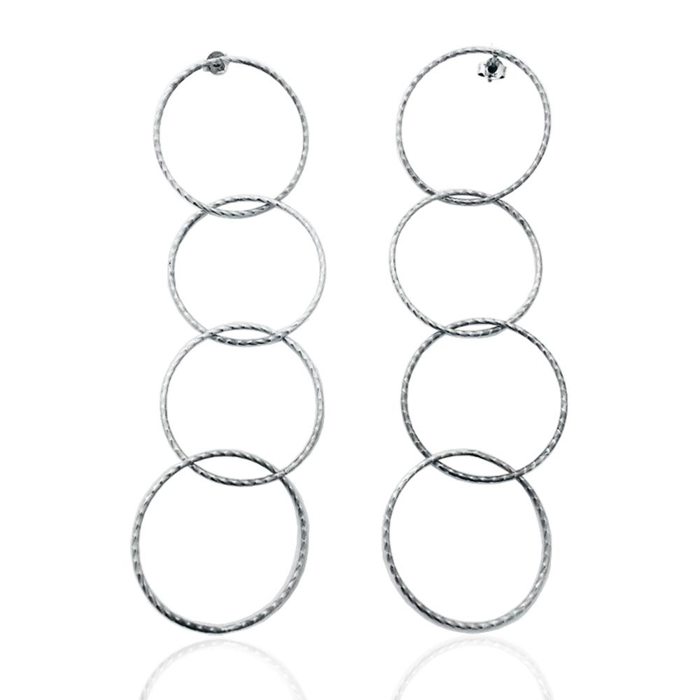 Orecchini pendenti cm 12 con cerchi concentrici in argento 925 rodiato mm 30 lavorazione diamantata