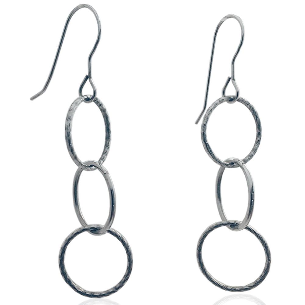 Orecchini pendenti cm 6,5 con cerchi concentrici in argento 925 rodiato mm 17 lavorazione diamantata