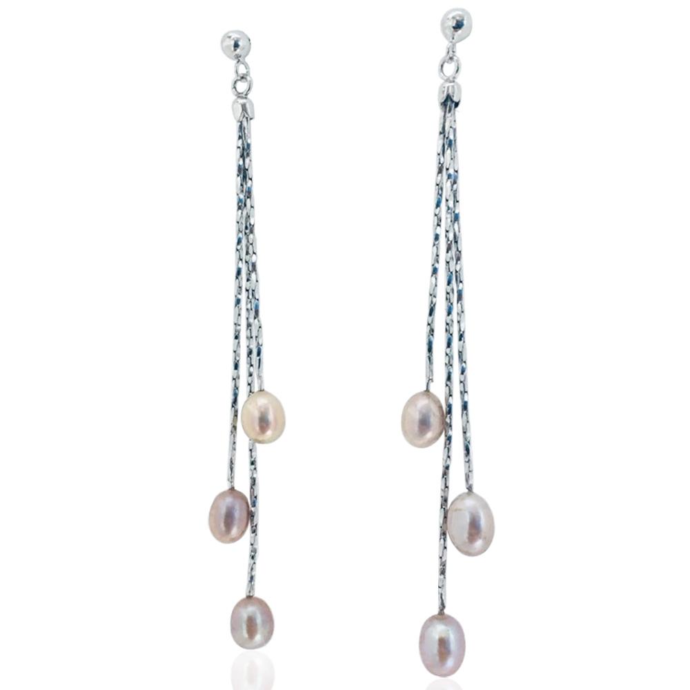 Orecchini pendenti cm 8,5 con catena a lavorazione diamantata in argento 925 rodiato con perla fw da 6 mm