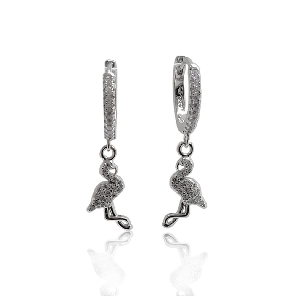 Orecchini pendenti in argento 925 rodiato con zirconi bianchi con cerchio da 13 mm e fenicottero