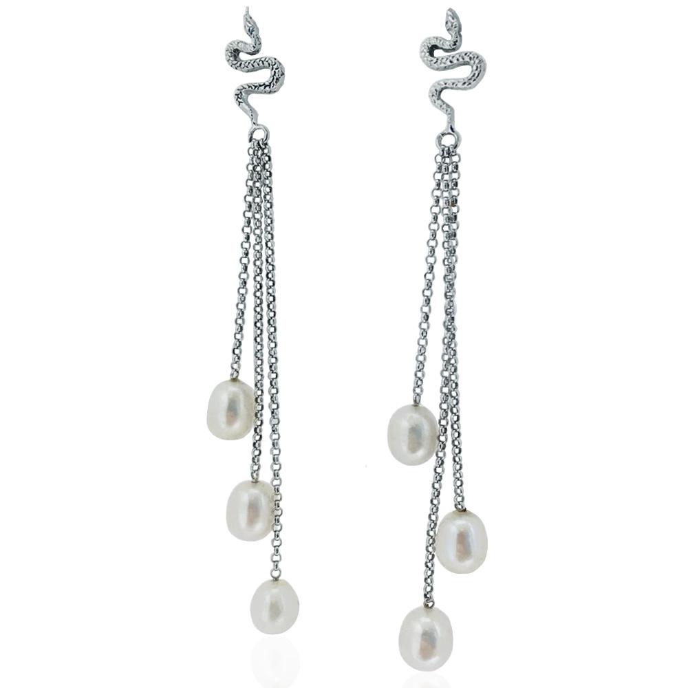 Orecchini pendenti cm 9,5 con serpente e catena rolo' in argento 925 rodiato con perla fw da 7 mm