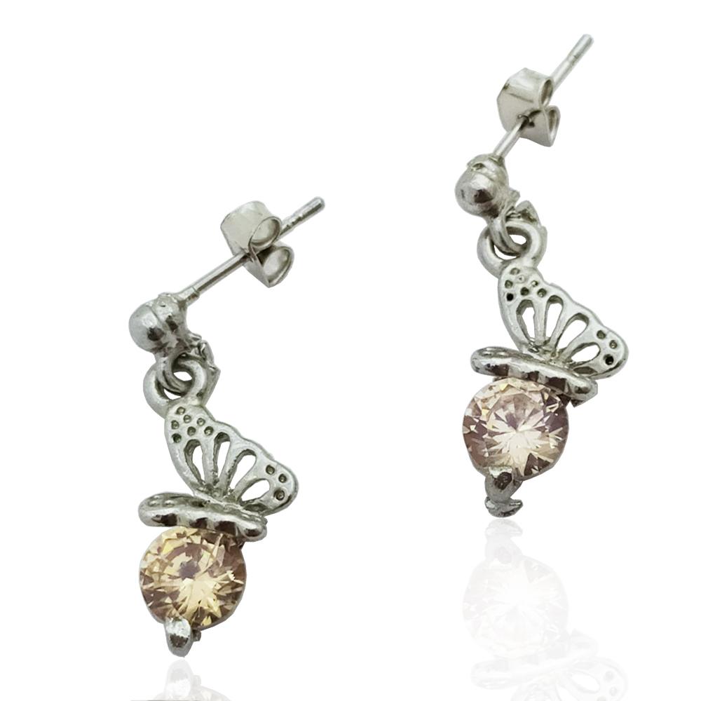 Orecchini pendenti farfalla mm 20x4 in metallo argentato con cubic zirconia colorato