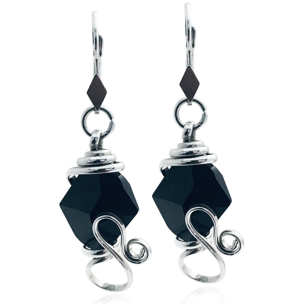 Orecchini pendenti con monachella in argento 925 rodiato con cristallo a rombo mm 20x16 swarovski jet