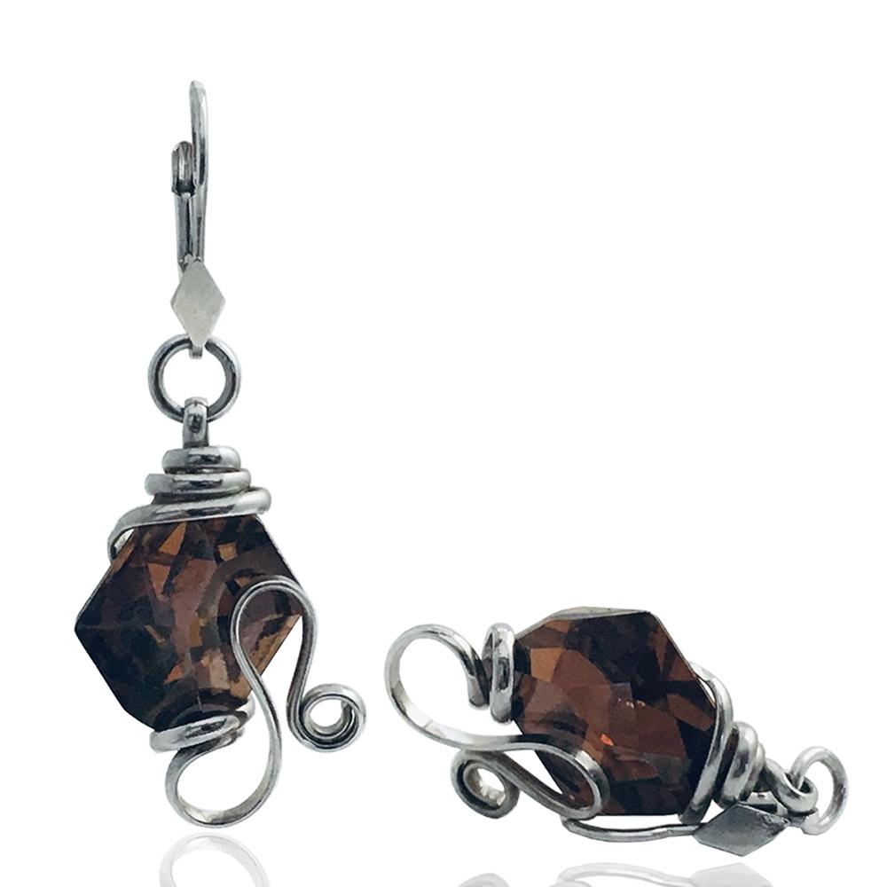 Orecchini pendenti con monachella in argento 925 rodiato con cristallo a rombo mm 20x16 swarovski smoked topaz