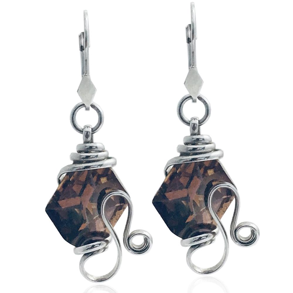 Orecchini pendenti con monachella in argento 925 rodiato con cristallo a rombo mm 20x16 swarovski smoked topaz