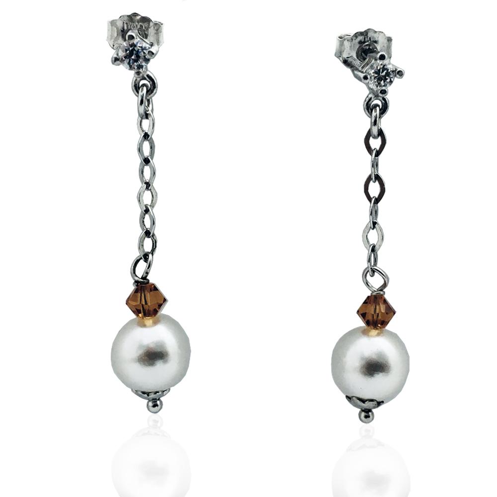 Orecchini pendenti mm 40 in argento 925 rodiato con zircone bianco, cristallo swarovski topaz e perla mm 8