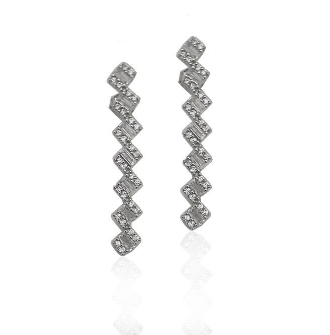 Orecchini pendenti a rombo mm 42 in argento 925 rodiato con zirconi bianchi