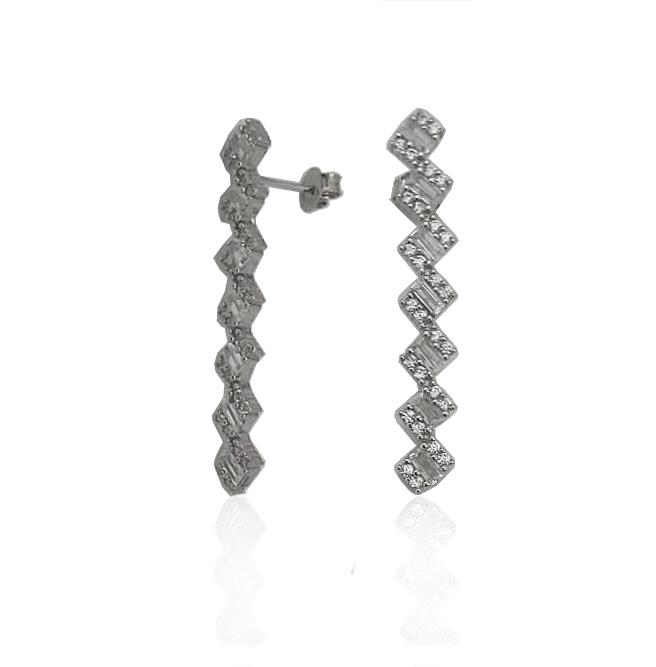 Orecchini pendenti a rombo mm 42 in argento 925 rodiato con zirconi bianchi