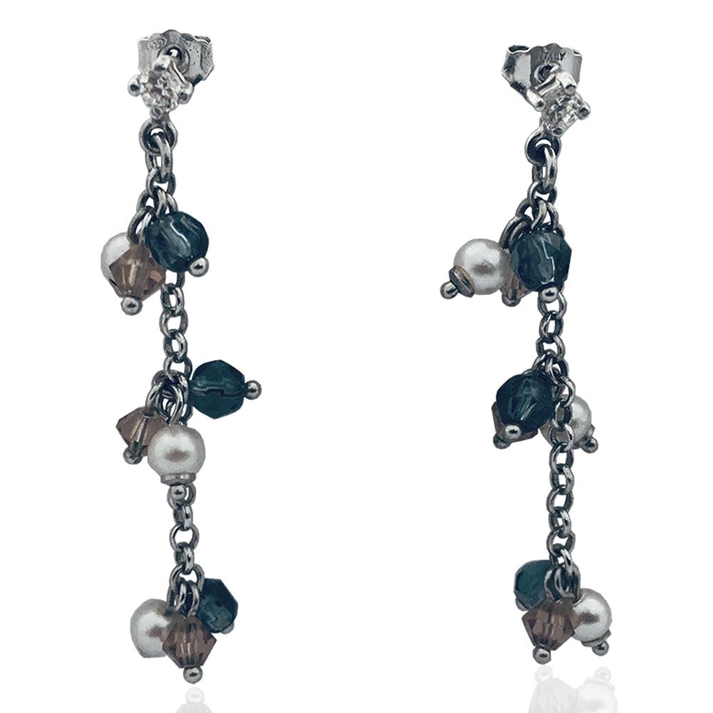 Orecchini pendenti mm 45 con catena rolo' in argento 925 rodiato con cristalli swarovski perline e zirconi bianchi