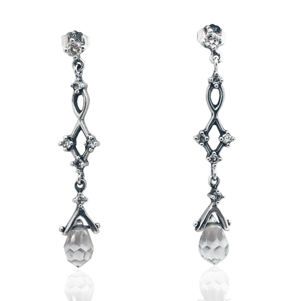 Orecchini pendenti mm 45 in argento 925 rodiato con zirconi bianchi e cristallo a goccia