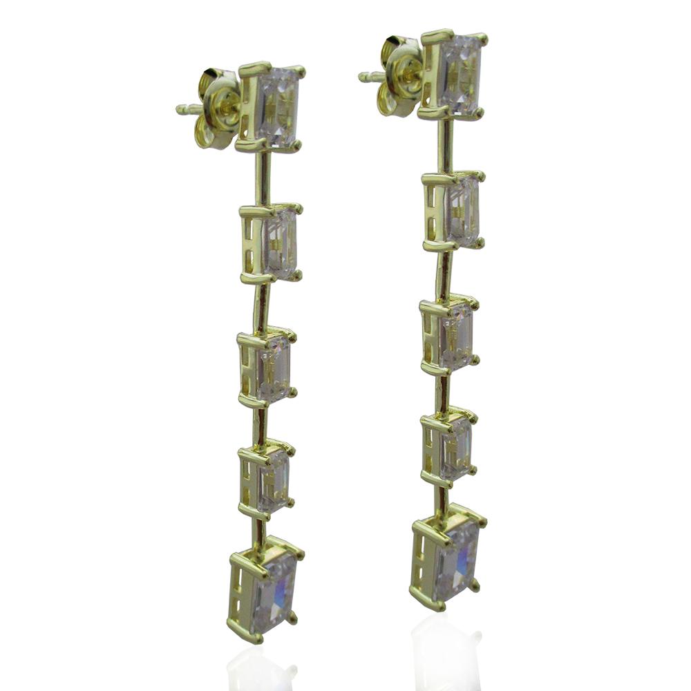 Orecchini pendenti mm 54 in argento 925 dorato con zirconi bianchi in taglio emerald