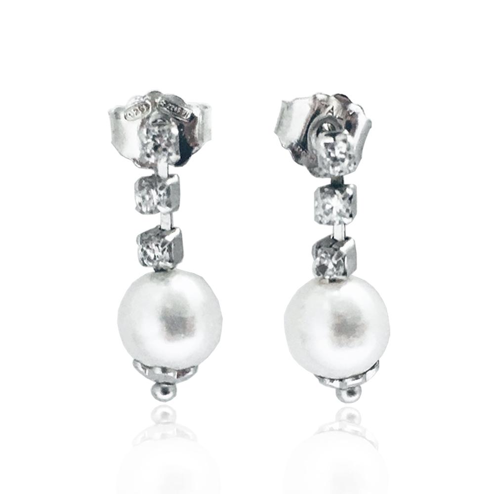 Orecchini pendenti tennis mm 17 in argento 925 rodiato con strass bianchi e perla 6 mm