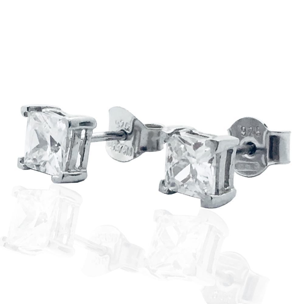 Orecchini princess in argento 925 rodiato con zirconi bianchi quadrati mm 4x4