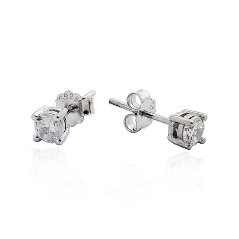 Orecchini punto luce a 4 griffe in argento 925 rodiato con zircone bianco in taglio brillante mm 4