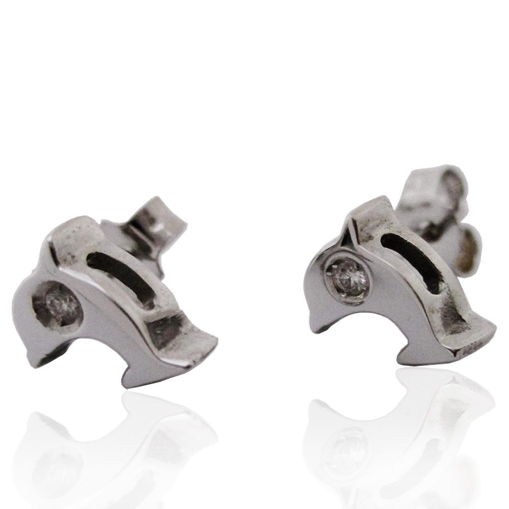 Orecchini a lobo punto luce delfini mm 7x6 in oro bianco con diamanti naturali ct 0,04