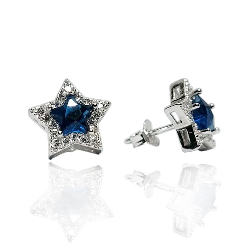 Orecchini a stella mm 12x12 in argento 925 rodiato con zirconi bianchi e centrale blu