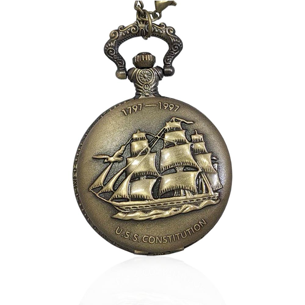 Orologio da tasca vintage celebrativo u.s.s. constitution mm 46 in lega di bronzo con catena