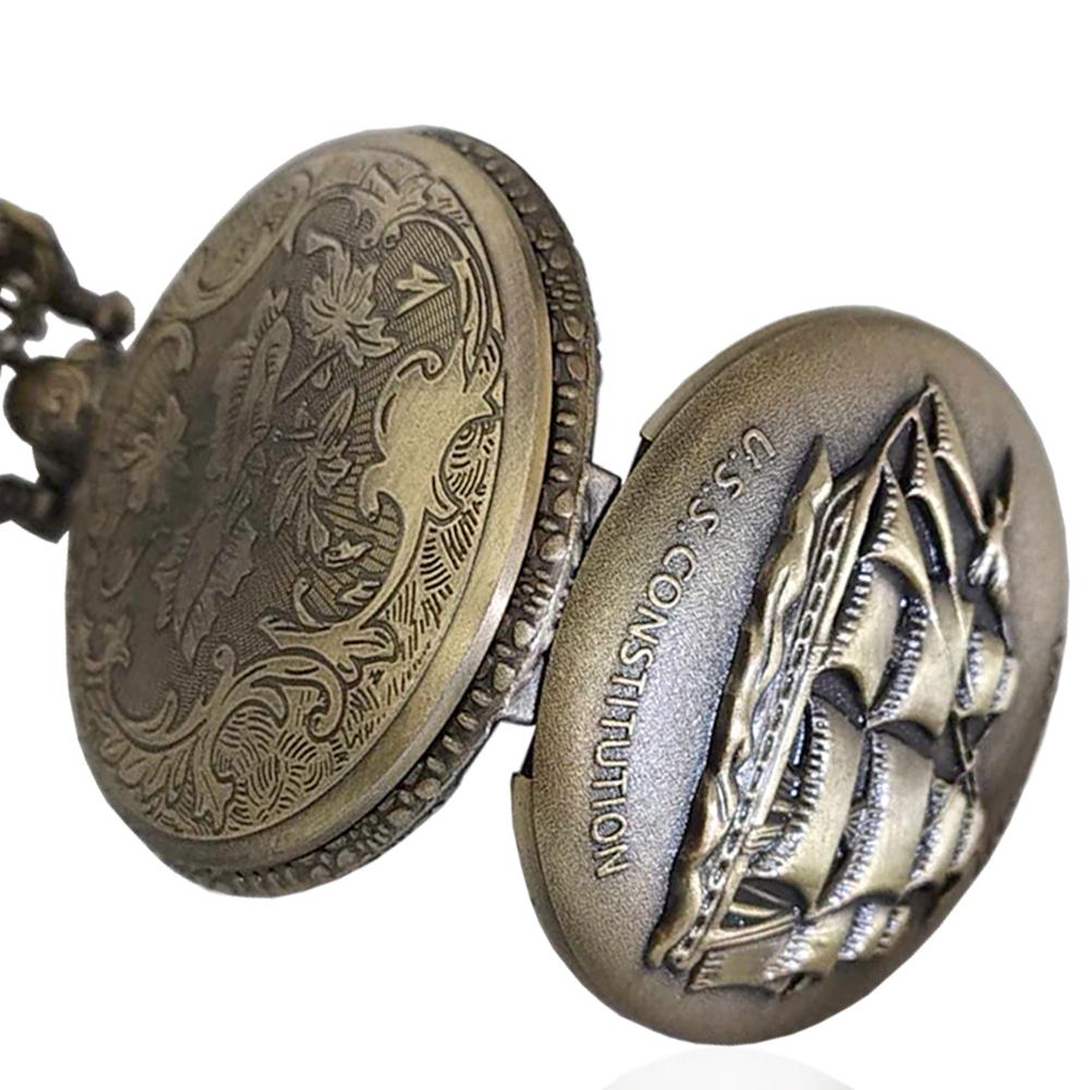 Orologio da tasca vintage celebrativo u.s.s. constitution mm 46 in lega di bronzo con catena