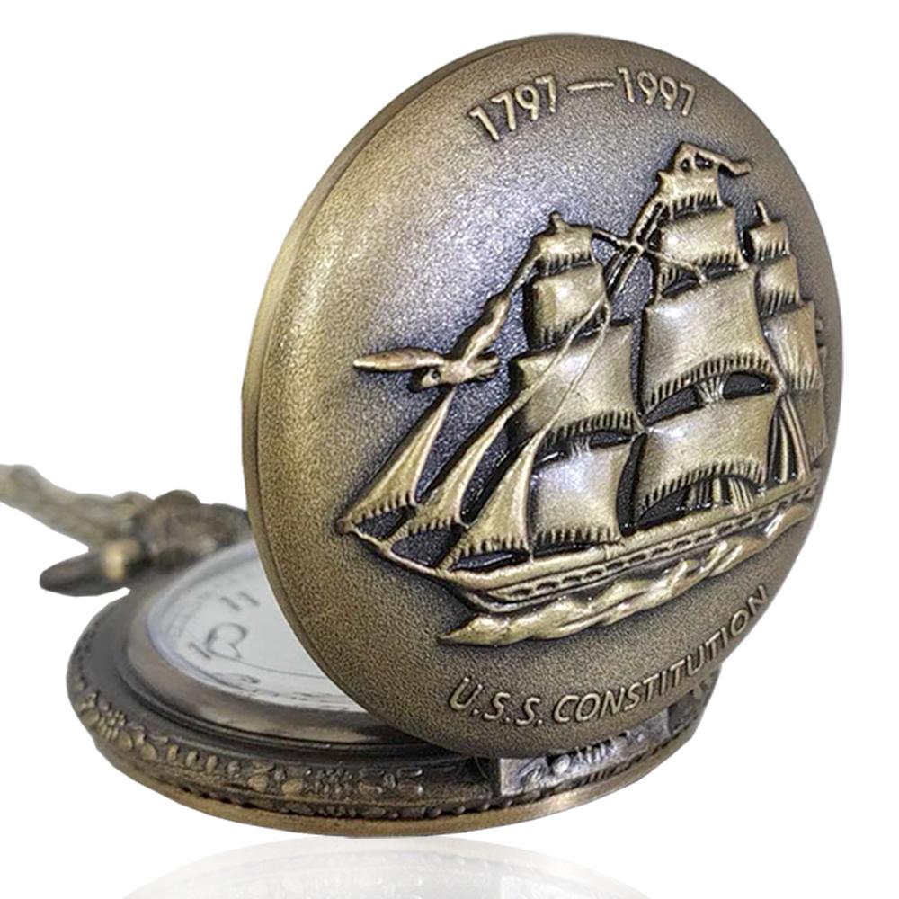 Orologio da tasca vintage celebrativo u.s.s. constitution mm 46 in lega di bronzo con catena