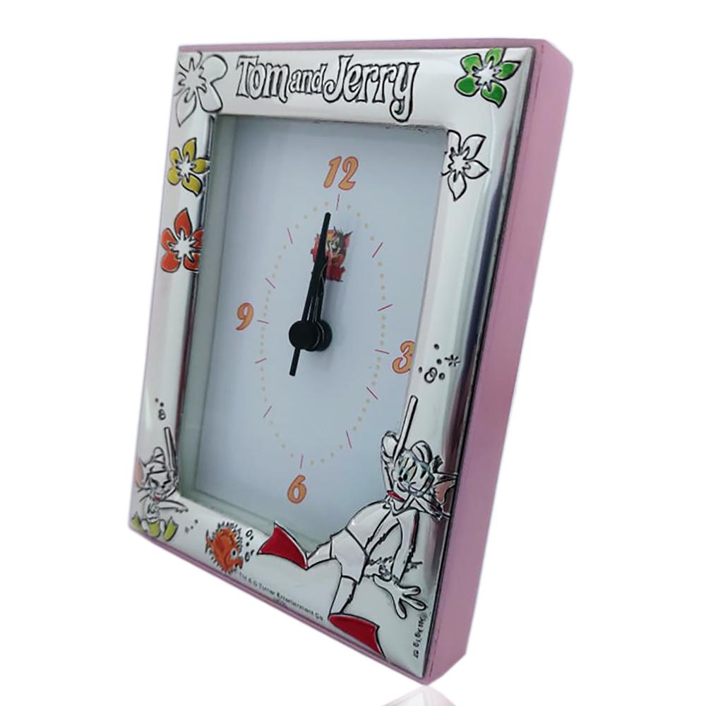 Orologio sveglia da tavolo looney tunes tom and jerry in legno rosa e argento cm 12x9