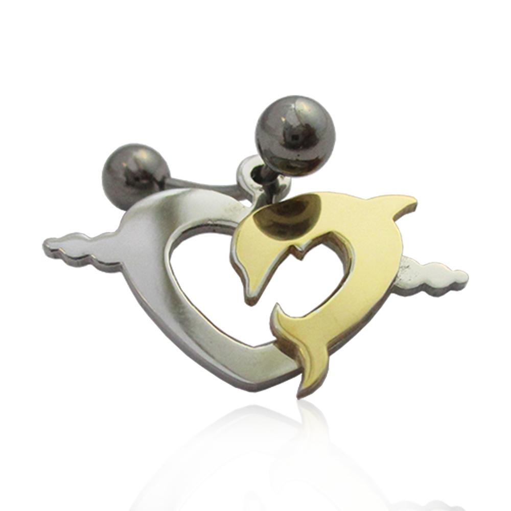 Piercing delfino su cuore mm 17x27 in acciaio chirurgico dorato con gancio banana