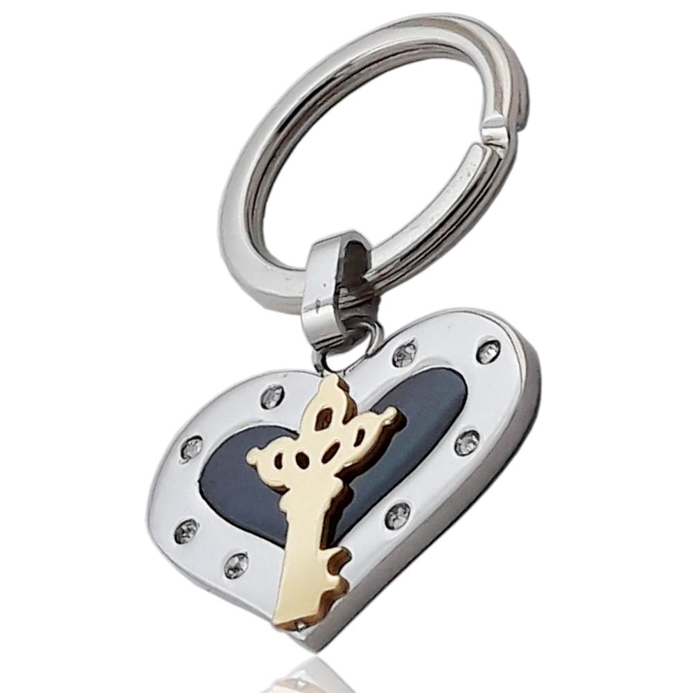 Portachiavi acciaio con smalto nero cuore con chiave reale e con strass bianchi -personalizzabile-