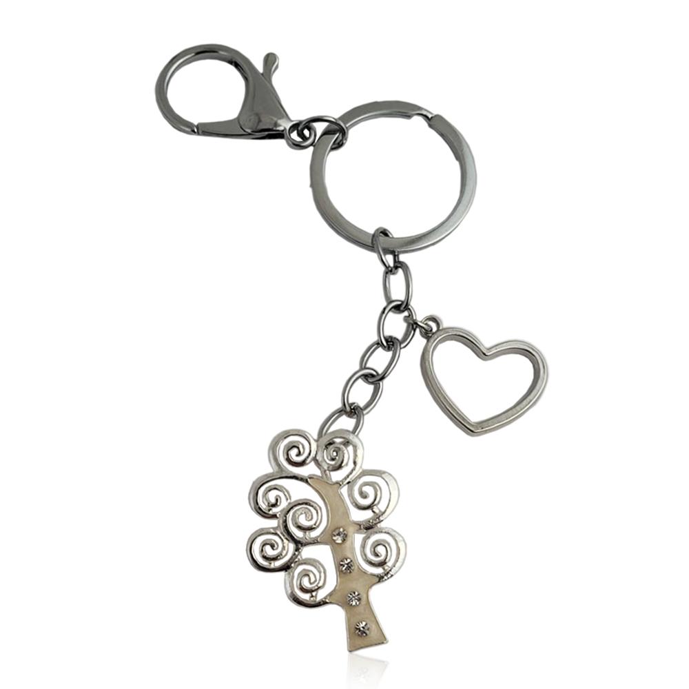 Portachiavi in acciaio lucido con gancio brise con albero della vita cuore e strass