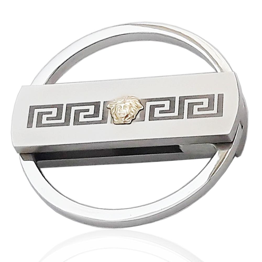 Portachiavi tondo mm 50 in acciaio lucido-satinato con gorgone in oro e greca laserata -personalizzabile-
