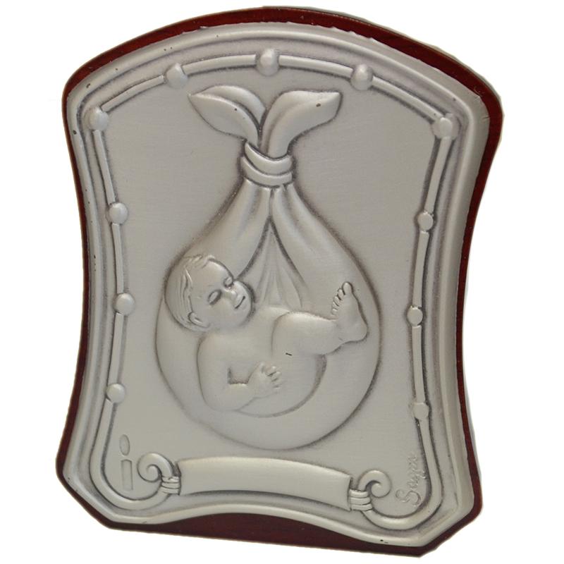 Quadretto bimbo fagottino in argento satinato e legno cm 8x6,5