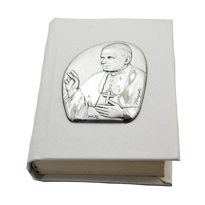 Santo vangelo cm 9,7x7,2 similpelle bianco con papa giovanni paolo ii laminato argento