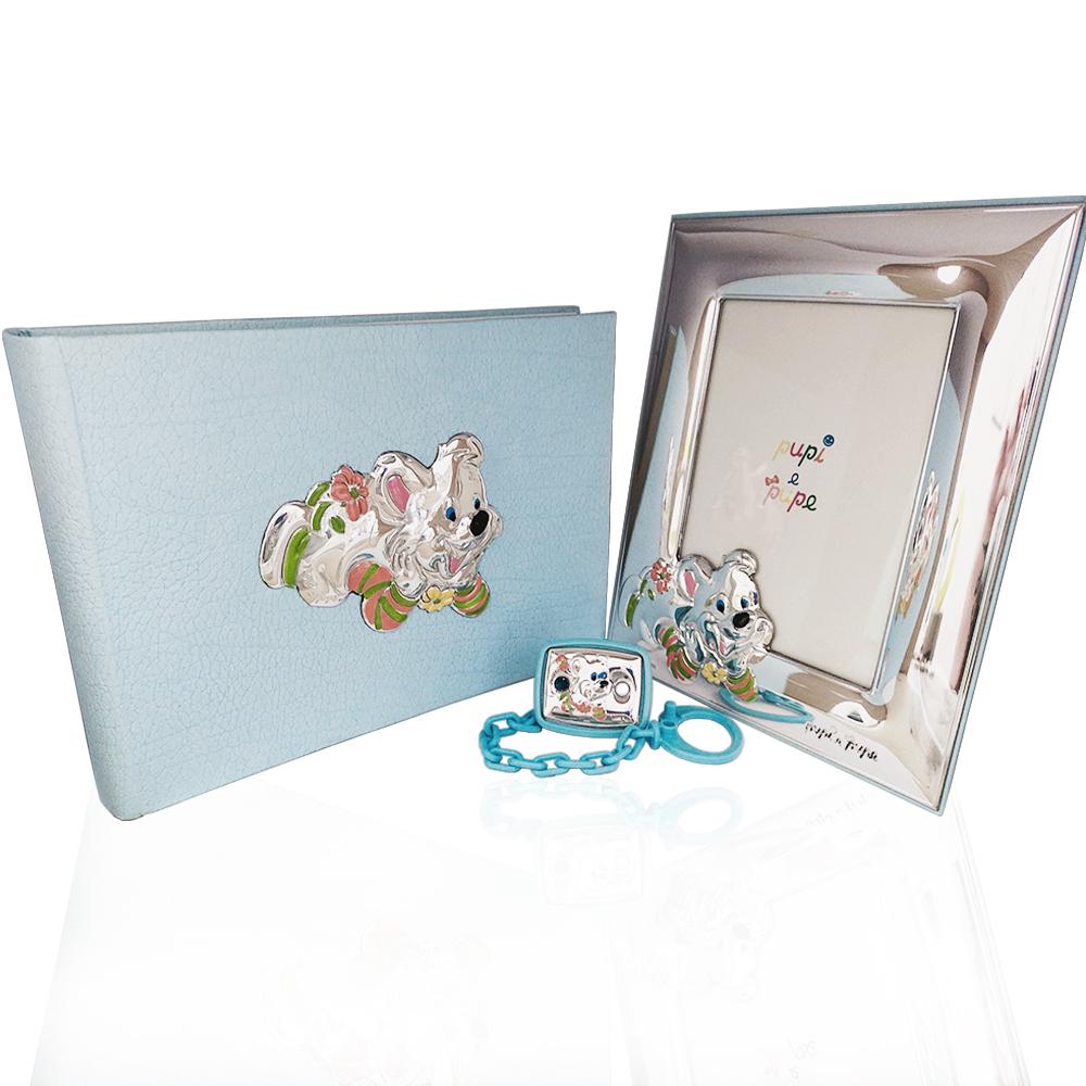 Set linea foto con ciuccio accessori prima infanzia album fotografico con cornice portafoto e pinza portaciuccio orsetto sdraiato argento smaltato